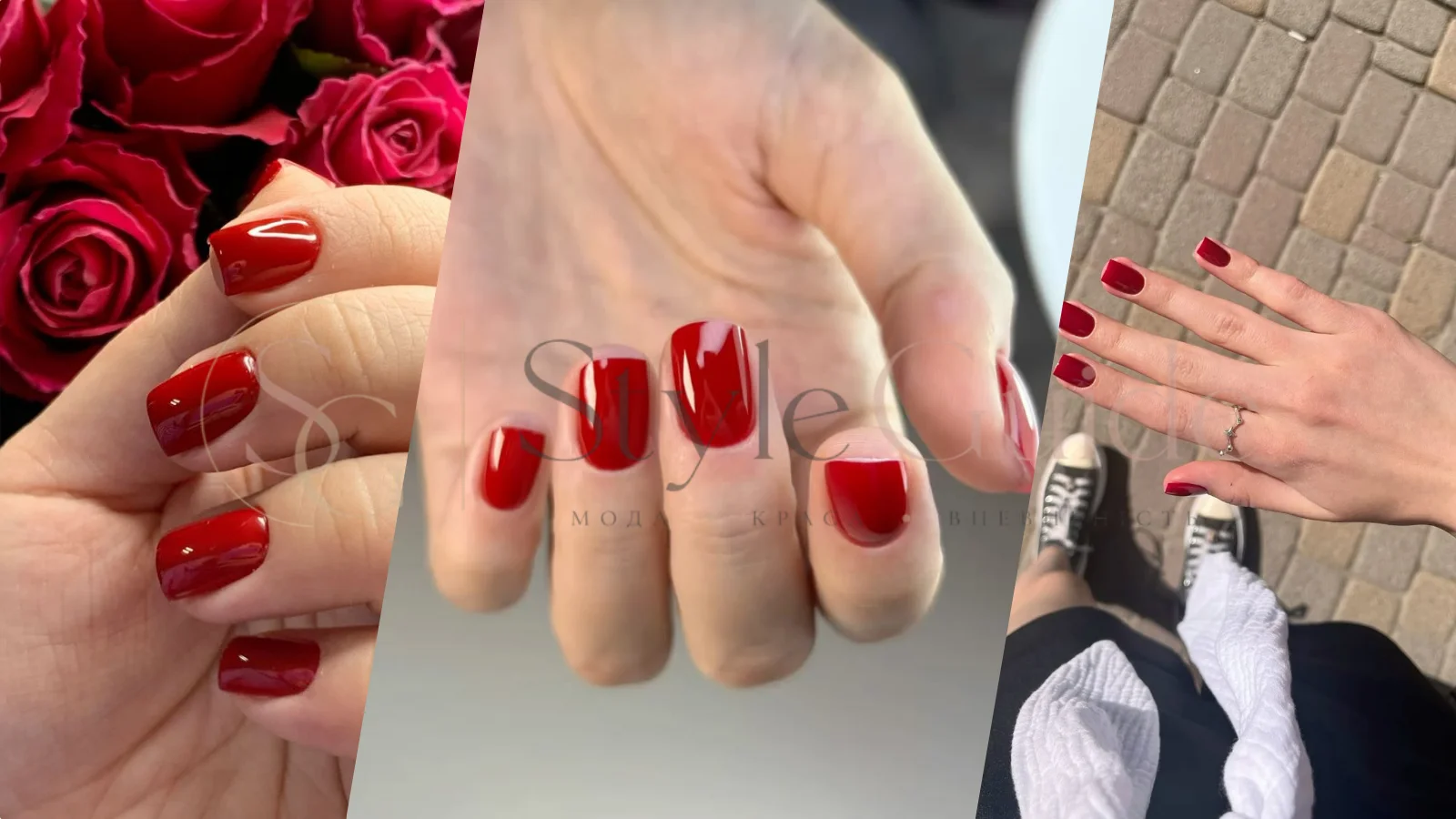 Червоний манікюр 2027: червоні глянцеві нігті на тлі троянд і темно-червоні короткі