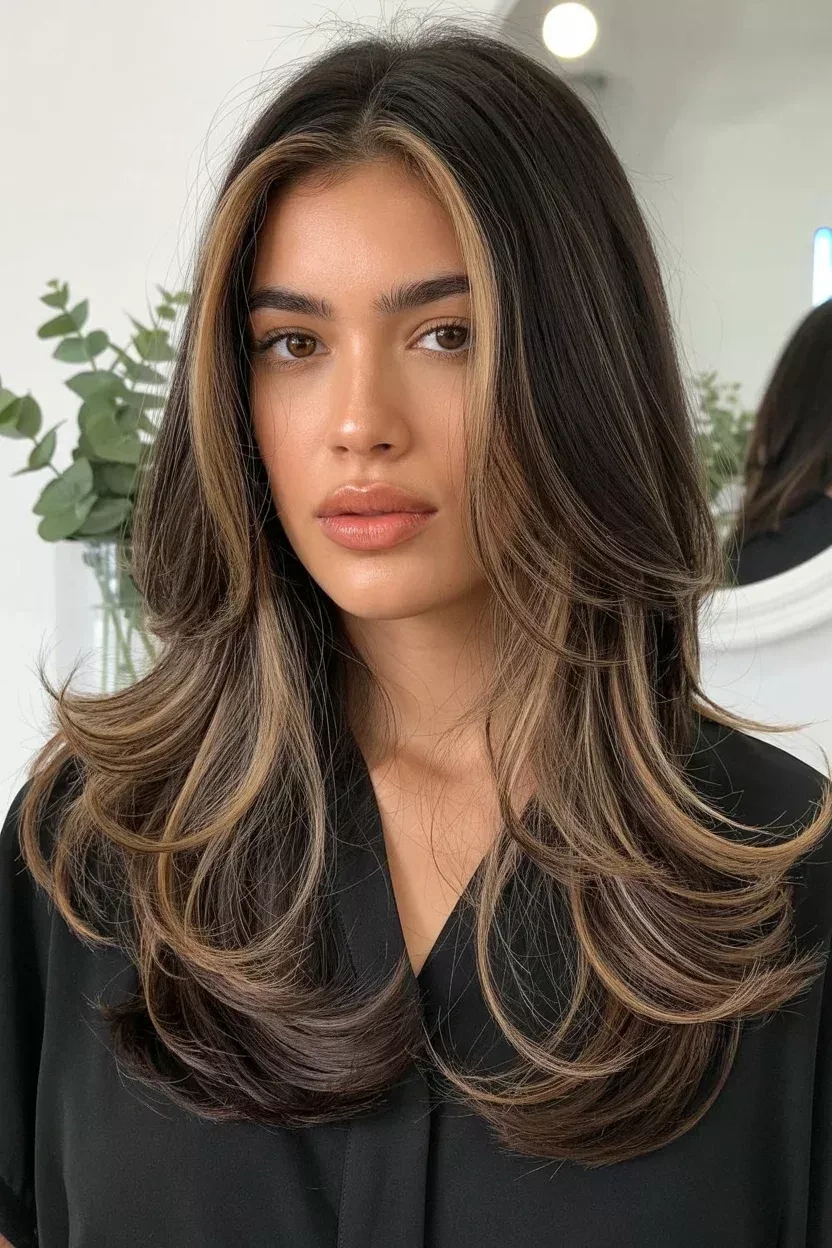 Контуринг волосся 2027: карамельні пасма біля обличчя на майже чорному довгому волоссі з шарами